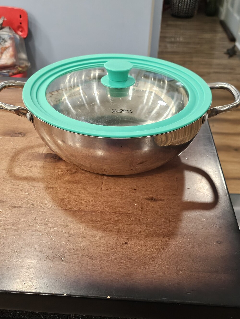 Wolfgang Puck Stainless Steel Pot Bowl with Michelangelo Teal Silicone Glass Lid